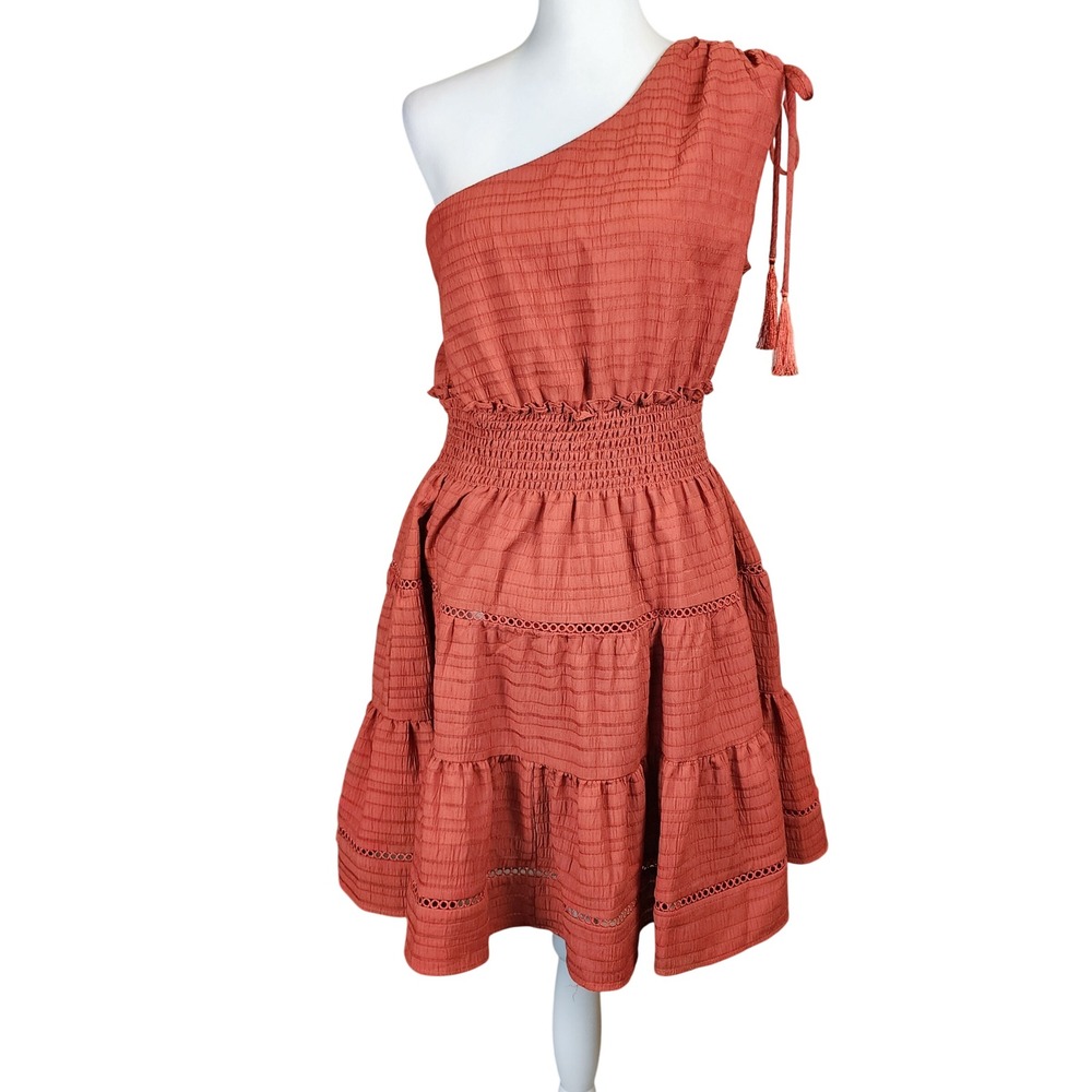 Taylor One Shoulder Mini Dress Womens Large Rust Orange Smocked Boho Cottagecore